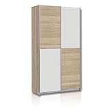 FORTE Ohio 40 Mehrzweckschrank modern, 2-türig mit Einlegeböden, Schwebetürenschrank, Garderobenschrank, Holzwerkstoff, Weiß mit Holz Dekor Sonoma Eiche, 120 cm breit x 42 cm tief x 190,5 cm hoch