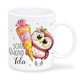 Wandtattoo Loft Tasse aus Keramik oder Kunststoff bedruckt Eule Mädchen Schulkind Schultüte personalisiert mit Wunschnamen, Kunststofftasse