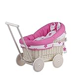 e-wicker24 Puppenwagen aus Weide mit Bettwäsche perfekte Geschenkidee Korbpuppenwagen schöner Spielzeug aus Korbgeflecht Korbwagen für Puppen Spielzeug für Mädchen