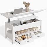 Rolanstar Höhenverstellbarer Couchtisch mit 2 Schubladen, 100 x 50 cm Wohnzimmertisch aus Holz,Platzsparend & Einfach Montiert für Schlafzimmer, weiß