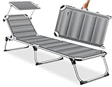 KESSER® Sonnenliege Sun mit Dach Gartenliege Liegestuhl klappbar Sonnendach Verstellbarer Rückenlehne, ergonomisch, gepolsterter Liegefläche, Aluminium Liege Gartenstuhl tragbar Strandliege, Grau
