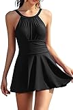 SHEKINI Damen Elegant Einteiliger Badeanzug Rückenfrei Schwimmkleid Ruched Retro Bauchweg Bauchkontrolle Badekleid für Damen (Schwarz, M)