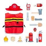 UMU® Kinder Holz Feuerwehrmann Spielset mit Feuerwehr Kostüm inkl. Kappe, Feuerlöscher, Funkgeräte, Pfeife u. v. m., Spielzeug Set zum Rollenspiel, 14 STK Feuerwehrausrüstung, für 3, 4, 5 Jahre alt