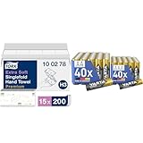 Tork extra weiche Zickzack Papierhandtücher Premium 100278 - H3 Falthandtücher für Zickzack Papierhandtuchspender - besonders saugfähig & VARTA Batterien Mischpack 80 Stück