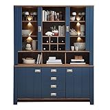 DIJON Buffetschrank in Parisian Blue, Haveleiche Cognac Optik - Vitrinenschrank mit LED-Beleuchtung und viel Stauraum - 163 x 201 x 45 cm (B/H/T)