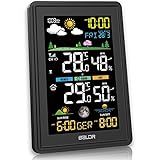 Konsen Wetterstation funk mit Außensensor Multifunktionale Funkwetterstation DCF Funkuhr Digital Thermometer Hygrometer mit Wettervorhersage, Schwarz