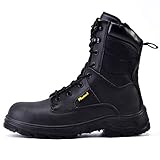 SAFEYEAR Militär & Arbeitsstiefel für Herren & Damen, wasserdichtes Echtleder, Stahlkappe & Stahlsohle, rutschfeste SRC-Sohle, breite Passform 4E, seitlicher Reißverschluss, S3 ESD, EU 44