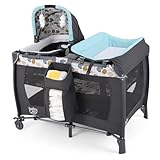 GOPLUS 5-in-1 Babybett, Beistellbett Baby mit Wickelauflage, Bremsrädern und Reisetasche, Musikbox mit Vibrationsfunktion, 2 hängende Spielzeuge, tragbares Reisebett mit Transporttasche (Blau)