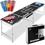 tectake® Bierpong Tisch, inkl. 100 Becher (50 rot & 50 blau) und 6 Bälle, mit Eisfach und Becherhalter, klappbar, höhenverstellbar, Partyspiele für Erwachsene, Trinkspiel Beer Pong