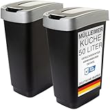 2friends Duo Mülleimer Küche 2 Fächer 50L - Geruchsdicht Doppel Abfalleimer mit Schwingdeckel 2x50 Liter Groß, 60x45x34 cm, Robust Recycelbarer Kunststoff, Schwarz/Silber, Made in EU