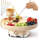 LUSHYUM Schokofondue Set elektrisch, 800 ml Schokoladenschmelzer mit drehbarer Servierschale Fondueset, 4 Fächern, 5 Fonduegabeln & Spatel, Schokoladen Fondue Set für Party, Familie & Paare