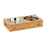 Relaxdays Double Dog Feeding Station Futterbar für kleine Hunde, 2 Näpfe V je 300 ml, erhöht, Bambus & Edelstahl, HBT: 6,5x31,5x15 cm, Natur/Silber, 1 Stück