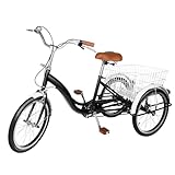 20 Zoll Dreirad für Erwachsene,Single-Speed Höhenverstellbar Mit Einkaufskorb Adults Dreirad Fahrrad,Stahlrahmen Schwammfüllung,Ausgestattet mit Einer Warnglocke,Geeignet Outdoor Shopping (Schwarz)