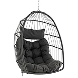 COSTWAY Hängesessel, Faltbarer Hängekorb Sessel aus PE-Rattan mit weichem Kissen, Hängeschaukel, Hängesitz mit Hängezubehör, Hängestuhl für Indoor und Outdoor, Grau