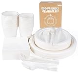 Anstore 200 Stück Teller und Besteck Set Kompostierbar Ökologisch Einweg Pappteller und Besteckset,umweltfreundlich Party und Picknick Set inklusive Teller,Löffel,Gabel,Messer, Trinkbecher