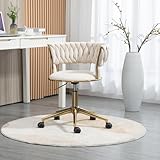 Sweiko Schreibtischstuhl Samt,Polsterhocker Schminkstuhl mit Gewebte Rückenlehne,Höhenverstellbarer Loungesessel für Wohnzimmer,Esszimmerstühle Drehstuhl mit Rollen für Make-up,Lernen (Ivory)