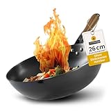 asiastreetfood Der perfekte Wok, Ø 26cm – Robuster Carbonstahl-Wok mit flachem Boden - Holzgriff – Geeignet für Gas-, Induktionsherd & Ceranfelder – Ohne Einbrennen für asiatische Gerichte
