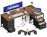 Coleshome Schreibtisch mit Stoff Schubladen, Umkehrbarer Schreibtisch L Form mit Aktenschublade, Eckschreibtisch mit USB-Ladeanschluss und Steckdose, Home Office Schreibtische (Braun, 140x70cm)