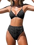 CUPSHE Damen Bikini Set Triangel Wellenkanten High Waist Bademode Jacquard Blumenmuster Zweiteiliger Badeanzug Swimsuit Schwarz M