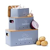 Grantero Aufbewahrungsbox 3er Set – Kartoffelbox, Zwiebeltopf und Knoblauchtopf mit Bambusdeckel – Stapelbare Aufbewahrung für Kartoffeln, Zwiebeln und Knoblauch für Frischeerhaltung – Grau