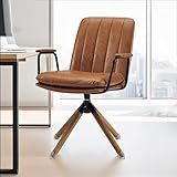 Zouron Braun Bürostuhl Ohne Rollen - Mid Century Modern Drehstuhl, Braun Kunstleder gepolsterter Bürostuhl mit Eichenholzbeine, Holz schreibtischstuhl Akzentsessel für Home Office Wohnzimmer