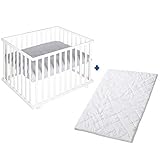 roba Set inkl. Laufgitter 75 x 100 cm + Matratze - Laufstall Komplettset mit Einlage roba Style grau - 3-fach höhenverstellbar - Holz weiß