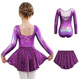 Arshiner Mädchen Ballettkleidung Ballettkleid Kinder Rückenfrei Balletttrikot Langarm Tanzbody Tanzkleid aus Baumwolle mit Chiffon Rock Tütü Leuchtendes Lila 150