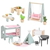 Puppenhaus Möbel Set, Holz und Kunststoff Terrassen und Babyzimmer Set, 20 Teiliges Puppenhaus Zubehör Pretend Play Möbel Spielzeug für Jungen, Mädchen und Kleinkinder Wooden