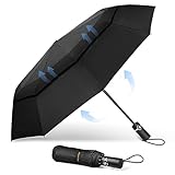 TECKNET Automatik Regenschirm für Regen, Starker Windfest Regensicher Schirm mit 10 Rippen, Sturmfest Groß Taschenschirm für Wind schutz, Faltbar kompakte Reise Golf Umbrella, Schwarz