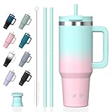 WATERSY 891ml Thermobecher mit 2 Strohhalmen, Trinkbecher Auslaufsicherer Kaffeebecher To Go Vakuum-Isoliert mit BPA frei Schraubdeckel, Trinkflasche Kühlt 12 Stunden,Bonbonrosa