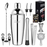 Sosayet Cocktail Shaker Set, 10-teiliges Edelstahl Cocktail Set mit Zubehör & Rezeptkarten, 750 mL Barkeeper Set für Anfänger & Profis - Geschenk für Männer
