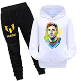 Kapuzenpulli und Hose für Jungen, Motiv: Fußball-Sterne, Messi, gemütliches Sweatshirt, Aktiv-Trainingsanzug mit Tasche, weiß, 3-4 Years