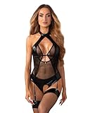 Selente Love & Fun einzigartiger Ouvert-Body aus Mesch mit goldenem Schimmer in toller Geschenkbox & exklusiver Satin-Augenbinde, S/M, Schwarz-Mesch-Wetlook