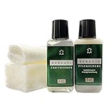 KERAGIL 4-teiliges Lederpflege-Set. 150 ml Reiniger, 150 ml Pflege, Schwamm, Tuch. Mit Imprägnierung.