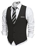 COOFANDY Weste Herren Anzug Anzugweste mit Taschen Gilet V-Ausschnitt Hochzeit Weste Businessweste Suit Vest Frackweste Smoking Weste Elegant Schwarz L