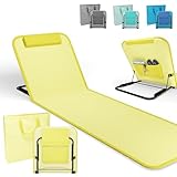 Onbest Bequeme Strandliege 165 cm lang - mit Verstellbarer Rückenlehne und Liegekissen – praktisches Staufach – Strandmatte klappbar – Leichter Transport – inkl. Tragetasche - Strandmatte (Gelb)
