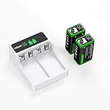 HiQuick 9V Akku mit Ladegerät Set - LCD 9V Batterieladegerät mit 2 X 280mAh 9V Akkus, Ladegerät für wiederaufladare 9V Blockbatterien, Ladegerät für 9V NI-MH/Li-ion 9V Block Akkus