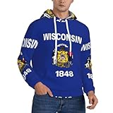 LMNvbz Wisconsin Herren-Kapuzenpullover mit Staatsflaggen-Druck, dünnes Fleece, langärmelig, lockerer Kapuzenpullover, Pullover mit Kordelzug und Kängurutasche für Workout, Schwarz , XXL