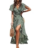 CUPSHE Damen Kleid V Ausschnitt Kurzarm High Low Wickelkleid Rüschensaum Lange Freizeitkleider Sommer Strand Maxi Dress Grün XL