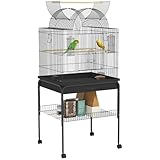 PawHut Vogelkäfig Wellensittichkäfig mit Tablett, Ablagefläche, Futternapf, Papagei Käfig mit Rollen für Wellensittich, Kanarien, Nymphensittich, Stahl 63 x 53 x 144 cm Schwarz