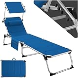 tectake® Sonnenliege mit Dach, Liege klappbar mit Kopfkissen + Seitentasche, zusammenklappbar, leicht tragbar, Strandliege, Liegestuhl klappbar für Garten, Sonnenliege Camping - blau