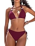 CMTOP Bikini Damen Set Neckholder Triangel Bikini Badeanzüge String Bikini Verstellbare Schnürung Hohe Taille Kordelzug Bikinihose Sexy Swimsuit Zweiteiliger Badeanzug mit Perlen(Dunkelviolett, M)