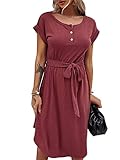 Bequemer Laden Damen Sommer Kleid Knopfleiste Kurzarm Midi Kleider Elegant Sommerkleid Businesskleid mit Taille Krawatte 2023, Rot, XL