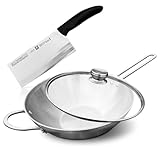 Zwilling TwinNova3 Wok pfanne Induktion 30 cm mit Glasdeckel + Chinesisches Kochmesser 18cm, 3 tlg, Wokpfanne Unbeschichtet, Spülmaschinenfest, rutschfester Griff, FÜR ALLE HERDARTEN, Silber