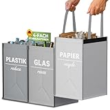 COTTARA® Mülltrennsystem 3fach Plastik, Glas, Papier | Starker Stand 4 Stabilisatoren | Idealer Mülltrenner, Pfandflaschen sammelbehälter, Recycling Behälter und Altpapier Sammelbehälter | Grau