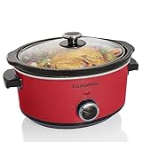 ESC-35A-OSRD 3.5L | 200W Schongarer mit 3 Heizstufen und Leistungsanzeige, spülmaschinenfest und mit Tragegriffen, Glasdeckel leicht zu reinigen (rot)