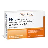 Diclo-ratiopharm® 25 mg Filmtabletten: Lindern Schmerzen und wirken fiebersenkend sowie entzündungshemmend. Mit dem Wirkstoff Diclofenac. 20 Filmtabletten