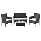 Juskys Polyrattan Sitzgruppe Fort Myers 4 Personen mit 2er Sofa, 2 Stühle, Tisch & Sitzkissen wetterfest schwarz/creme Balkonmöbel Gartenmöbel Set