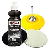 Glaspoliturset bestehend aus einer SONAX 250ml Glass Polish + 2 Stück Flexipads Ø75mm Glas-Polierpads + Craft-Equip 75mm Stützteller mit 6mm Spanndorn