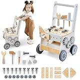 mamabrum Lauflernwagen Holz mit Werkbank ab 1 Jahr – Montessori Baby Laufwagen mit Gummirädern & Werkzeugset – Sicheres Holzspielzeug zur Förderung von Motorik & Laufen Lernen – Jungen & Mädchen